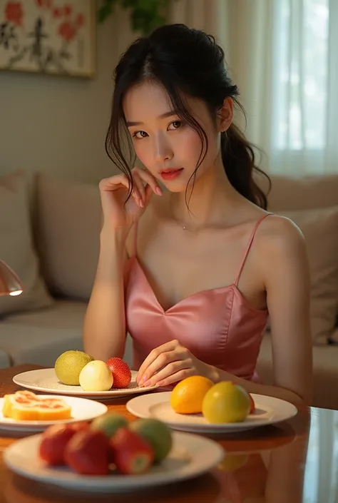  

Softly illuminated indoor scene。 A woman in a silky pink slip dress 、 leaning against a coffee table with colorful fruit plates 。.   while she is calm  ,   gently reaches the sun shining through a nearby window  .   The dress has thin straps and a low n...