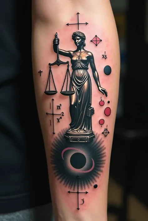 Create a tattoo on your arm with a Catholic church medal on the back and front a bit sideways a statue of justice weighing on your scale a brain and the statue at the center of a black hole and around stars and planets and surrounding chemical and mathemat...