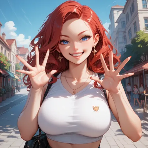 (((red-haired woman))), (((blue eyes))), body with beautiful curves, (((multiple gestures and features with her face, consistent face, consistent feature)))(((anime features)))