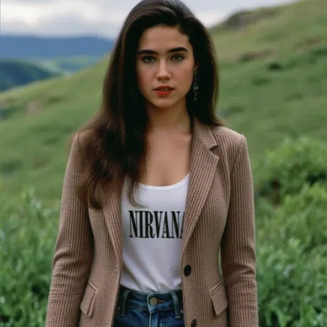 Breathtaking photography of ohwx woman, j3nn1f3rc0n3lly, full body pose, , isle of avalon resting place of king arthur,Green valleys are crossed by crystal-clear rivers, dressed in a plaid blazer with a graphic tee about "Nirvana" group and and ripped skin...