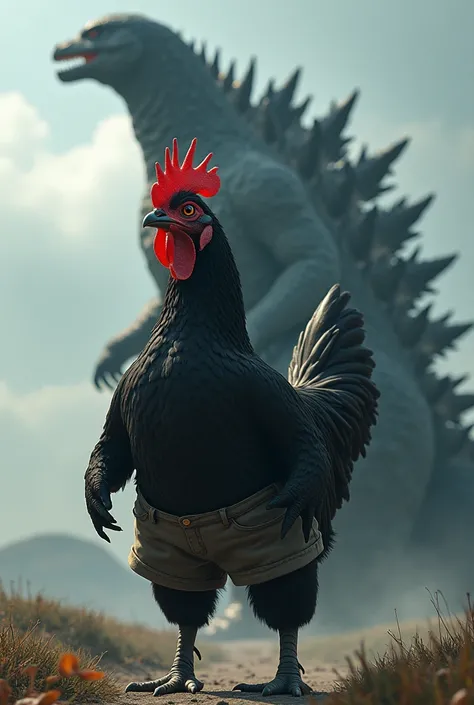 Black chicken in the shape of a slipper but with the head of a chicken in shorts against the background of Godzilla who emits a black laser from his mouth