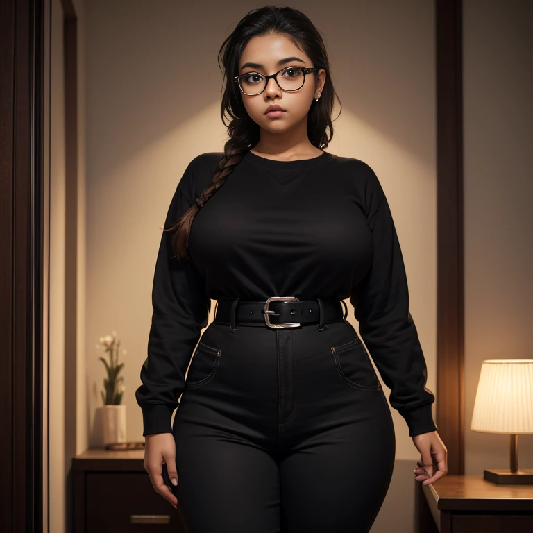 Dark photo style, brown skin shy awkward short cute slightly chubby Mexican nerdy chola emo teen, medium slightly wild braided hair, cute detailed brown eyes, cutely detailed lips, cute highly detailed face, huge voluptuous sagging breasts, thin thighs, wi...