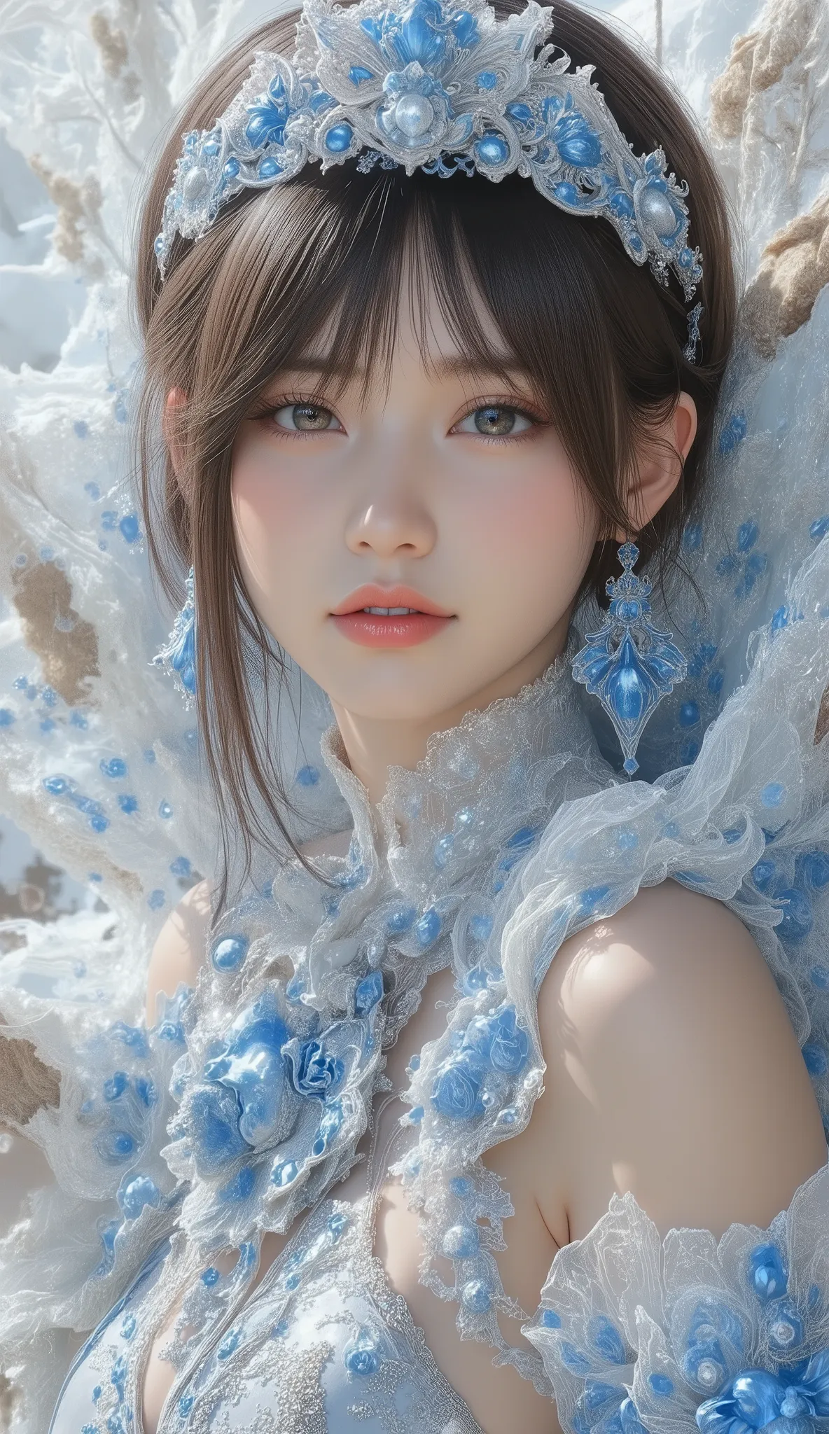 Close-up of a woman in a silver and blue dress, ArtStationの程維潘, Jan J,  Detailed Fantasy Art ,   beautiful character art  ,  In the form of、 Fan Art Best Art Station ,  Spectacular Exquisite Character Art , Beautiful Armor,  a very detailed term,  detailed...