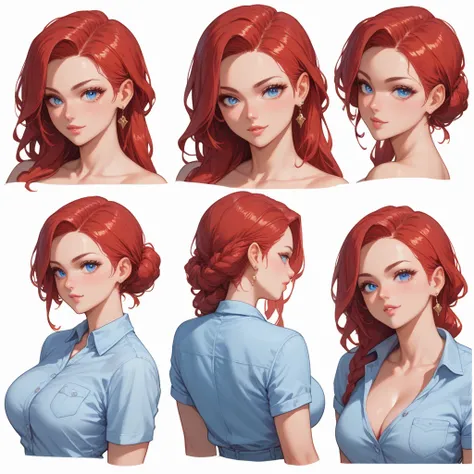 (((red-haired woman))), (((blue eyes))), body with beautiful curves, (((multiple expressions)))(((anime features)))