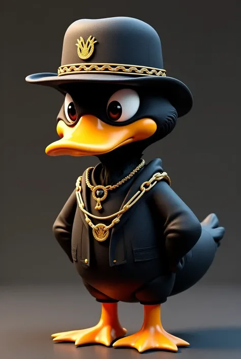  Make a little duck in 3D in the style of the Dounad duck but a Gangstar duck (stylish( With a black coat , cap,  gold strings ,  a duck for a logo of a  "Store"  that serve as a pet !