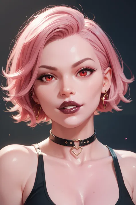 Evil looking Girl with pink skin, short dark pink hair, dark pink lipstick, with Red eyes, black top