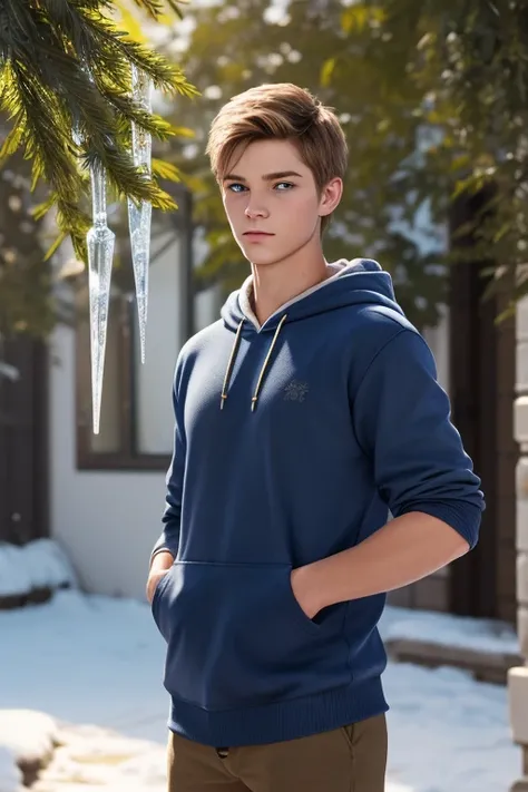 Generate 3d animated images of  Jack Frost, rise of the guardians character Caucasian, 18 yr old  boy, 5'9 tall, skin brown pants, navy blue pullover hoodie with glistening Frost marks on the shoulders, wrists, hoodie pockets, barefoot, carrying a 6 ft tal...