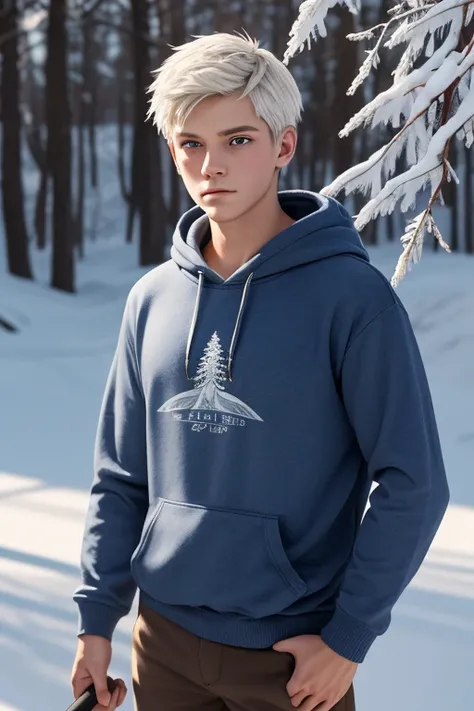 Generate 3d animated images of  Jack Frost, rise of the guardians character Caucasian, 18 yr old  boy, 5'9 tall, skin brown pants, navy blue pullover hoodie with glistening Frost marks on the shoulders, wrists, hoodie pockets, barefoot, carrying a 6 ft tal...