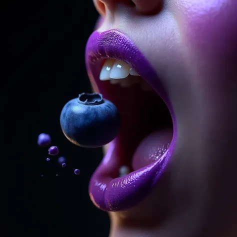  Around the lips. .  The lips are half-open , , revealing white teeth and a tongue that holds a blueberry fruit being bitten. Blueberry juice spreads lightly in the mouth .  Small pieces of blueberry float in the air ,  as if they had been fired when they ...