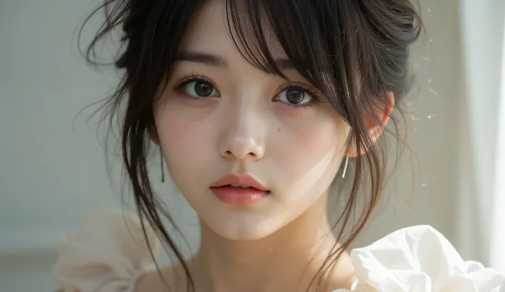 8k, ultra high resolution , top quality, masterpiece,rule of thirds,golden ratio, surreal, photos, one woman,( girl:1.3), cute, cute顔, Beautiful Eyes in Every Detail , 細かく Details, mature woman, princess,extream close up,smile, black hair,Messy hair,I...