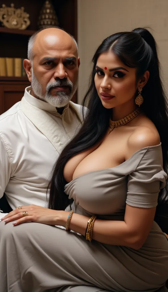 Indian old politician man with his sexy milf assistant, tall woman with slim thick curvy mom body physique, woman with long ponytail black hair, woman with small black dot bindhi in forehead and red sindoor, woman has a red simple sindoor and yellow thread...