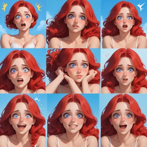 (((red-haired woman))), (((blue eyes))), body with beautiful curves, (((multiple expressions, expression of happiness, upset, shy, happy, surprised, thoughtful)))(((anime features)))