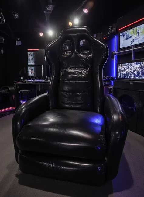 Full panoramic view of scene from below, RAW amateur selfie photo, high resolution, ((A huge inflated shiny racing gaming style seat made of shiny black rubber-latex))), (frontal view, front view only:1.9), the texture of the racing gaming style seat is ve...