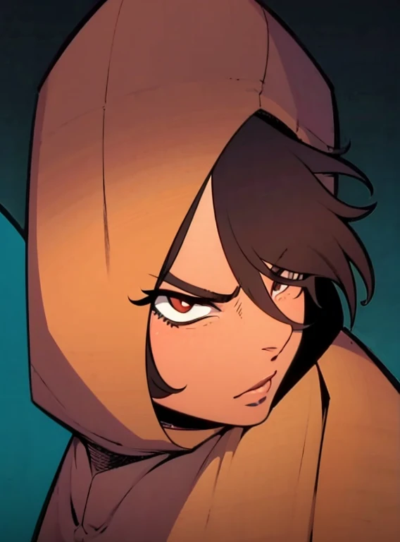 a close up of a cartoon character with a hood on, cell shaded adult animation, cel - shaded art style, sly expression, animation still screencap, heavy gesture style closeup, cel shading, scowling, animated still, rotoscoped, close up character, jaidenanim...