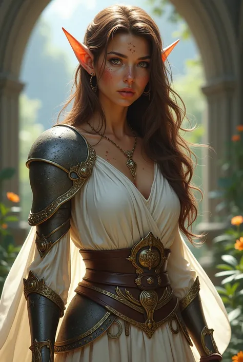 create a female character that’s a dnd elf and cleric, with long brown wavy hair and tan skin, with prominent freckles and bright brown eyes. she’s in a white fighting dress and scalmail armor.