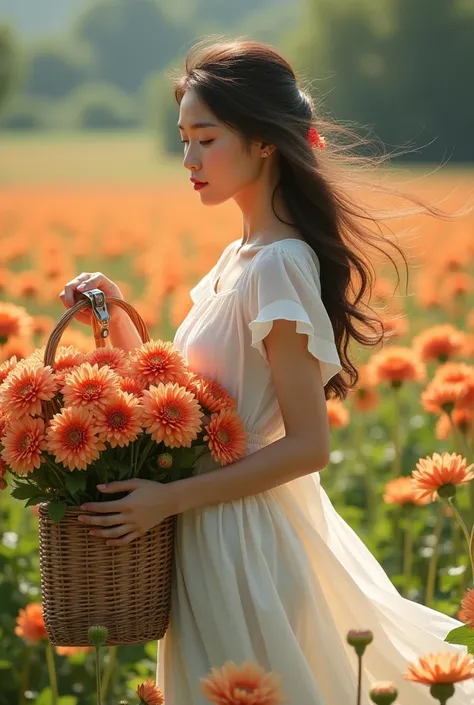 A girl in a white summer cotton dress cuts Cornel bronze dahlias on a flower field with pruners and puts them in a wicker basket.