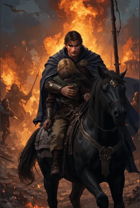 A burly man in a heavy cloak, with dark brown hair and the appearance of a noble monarch, rushes out of the chaos. Without hesitation, he picks up the ten-year-old boy and places him on a dark, powerful horse. The horse neighs. Behind them, the village ris...