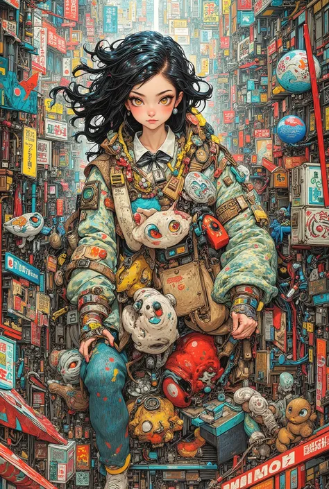 (High Definition, masterpiece, Accurate, top quality, High Definition model, high detail, (((The textures are soft))), ((matte and toy-like with a handmade premium look)), (((Tim Burton style))), A girl walking with a cat on the streets of Shibuya, best qu...