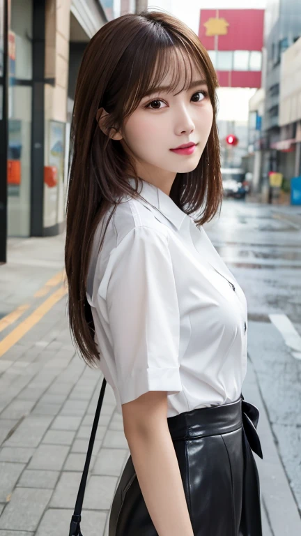    beautiful girl, 4K quality, whole body,  genuine leather ,    sweaty ,  Random Face,   search 。   hairstyle taken with the highest image quality is random  ,   big breasted,   wet white shirt   , feet 