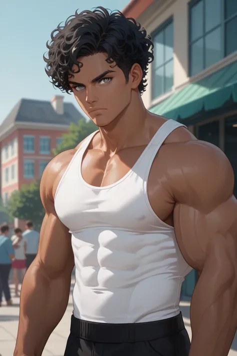 Hot anime guy,big nice muscles, handsome ,gray eyes ,black hair, dark skin,outside Masterpiece, Accurate, Curly Hair, Short Hair, Closed Mouth, Serious, Art Deco, 