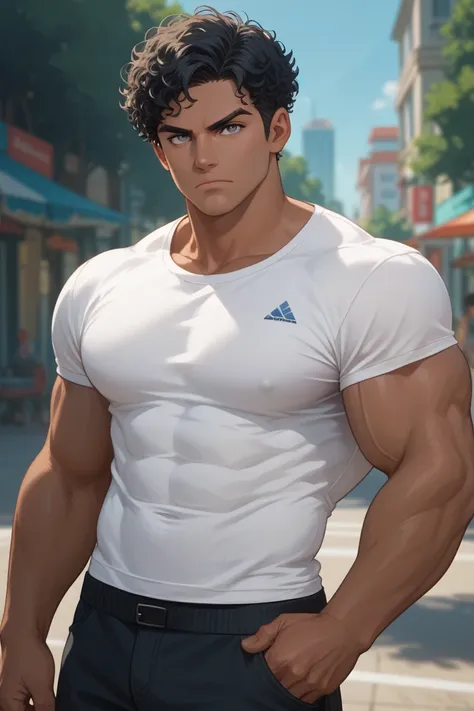 Hot anime guy,big nice muscles, handsome ,gray eyes ,black hair, dark skin,outside Masterpiece, Accurate, Curly Hair, Short Hair, Closed Mouth, Serious, Art Deco, 