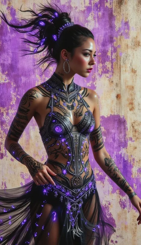 A tribal drawing of a lady dancing gracefully on a shimmering gold leaf, styled with a blend of decopunk and graffitipunk designs. The lady's body has intricate tribal patterns in black ink, with glowing runes and symbols that seem to move and shift, and h...