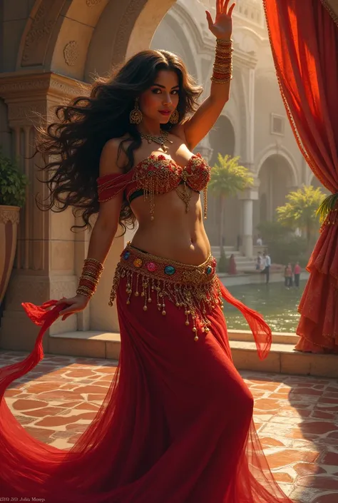  Create a drawing of a chubby belly dancer with dark and long curly hair,  In an oriental setting  