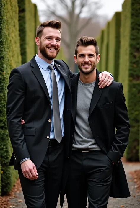 Handsome tall and strong white man with short brown hair with a short beard wearing a black suit with a light blue shirt and silver tie his embracing a handsome tall and strong white man with a dark curly hairstyle with a short beard wearing a black coat w...