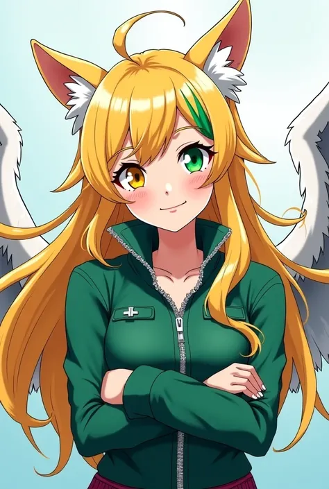  My hero Academia 16-year-old girl with long blonde and green hair with white wolf ears with big white wings attractive and beautiful smiling has one yellow eye and another green eye with her arms crossed with a background of the. UA court 