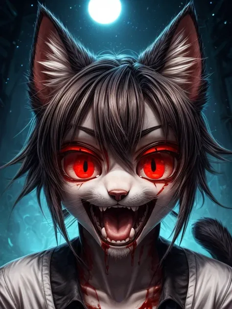  Hi-Res,  top quality, accurate,  Crazy Eyes ,  crazy smile, Bloodshot eyes,  anime, Crazy Cat,  close your mouth,  red eyes, Black Cat