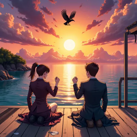 In a surreal anime style, please draw a dock with a view of the ocean with a huge sunset about to set, the backs of a chibi-style evil leader and a robot created by him raising their fists towards the sunset, the sunset drawn large while the people are dra...