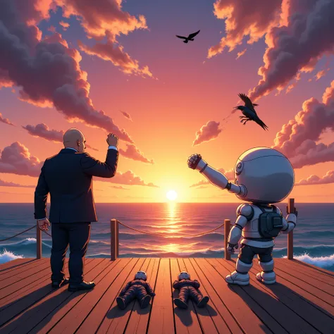 In a surreal anime style, please draw a dock with a view of the ocean with a huge sunset about to set, the backs of a chibi-style evil leader and a robot created by him raising their fists towards the sunset, the sunset drawn large while the people are dra...