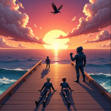 In a surreal anime style, please draw a dock with a view of the ocean with a huge sunset about to set, the backs of a chibi-style evil leader and a robot created by him raising their fists towards the sunset, the sunset drawn large while the people are dra...