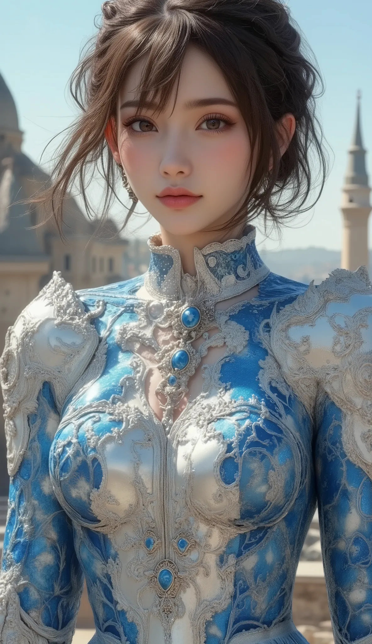 Close-up of a woman in a silver and blue dress, ArtStationの程維潘, Jan J,  Detailed Fantasy Art ,   beautiful character art  ,  In the form of、 Fan Art Best Art Station ,  Spectacular Exquisite Character Art , Beautiful Armor,  a very detailed term,  detailed...