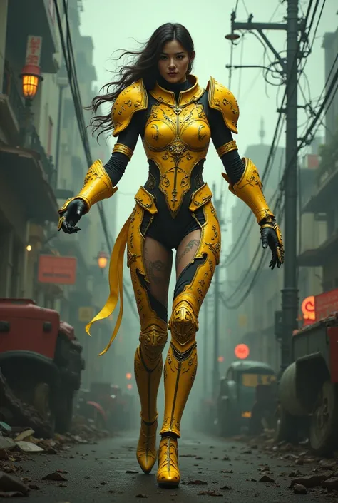 - Main Character, "Korean" Adult Woman, Beautiful, Tall, Long Legs, Golden Eyes, Golden Black Hair.

- Wearing a costume ("Full Sexy Armor").
(Armor Chest and Thighs slightly open).
Futuristic Costume Design.

- Sexy and Athletic body shape, full of tribal...