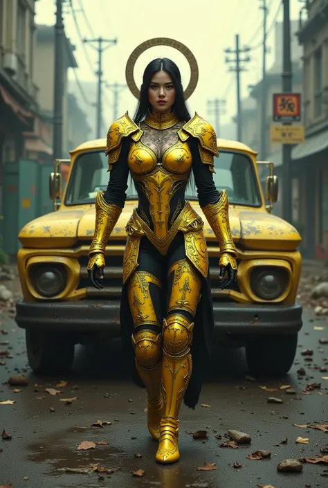 - Main Character, "Korean" Adult Woman, Beautiful, Tall, Long Legs, Golden Eyes, Golden Black Hair.

- Wearing a costume ("Full Sexy Armor").
(Armor Chest and Thighs slightly open).
Futuristic Costume Design.

- Sexy and Athletic body shape, full of tribal...