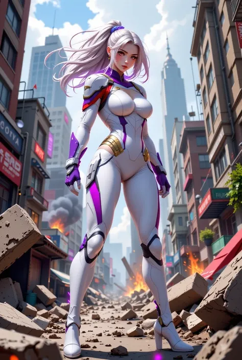 "Ultra-realistic digital illustration, hyper-detailed, cinematic quality, a fierce and muscular pro hero, Rumi Usagiyama (Mirko), with wild, flowing white hair that whips dramatically in the wind, her piercing red eyes blazing with unbreakable spirit and d...