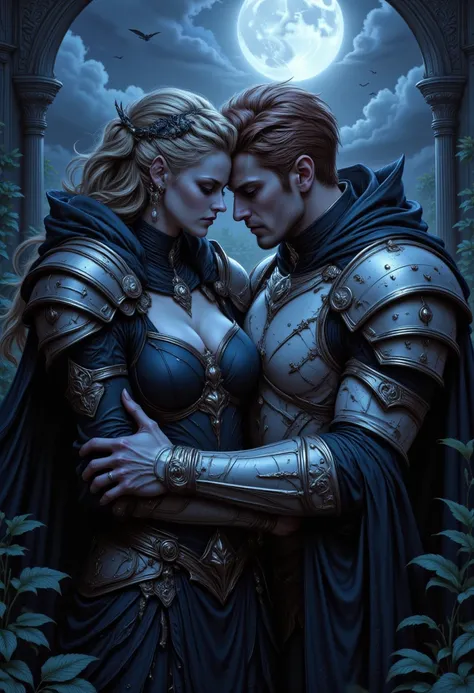 fantasy art, a picture of a fantasy, beautiful female vampire, best detailed face,  pale skin, blond hair, glowing eyes, red eyes, wearing blue dress, silk dress, intricate dress, hugging a  man, muscular man, best detailed face, wearing white armor, red h...