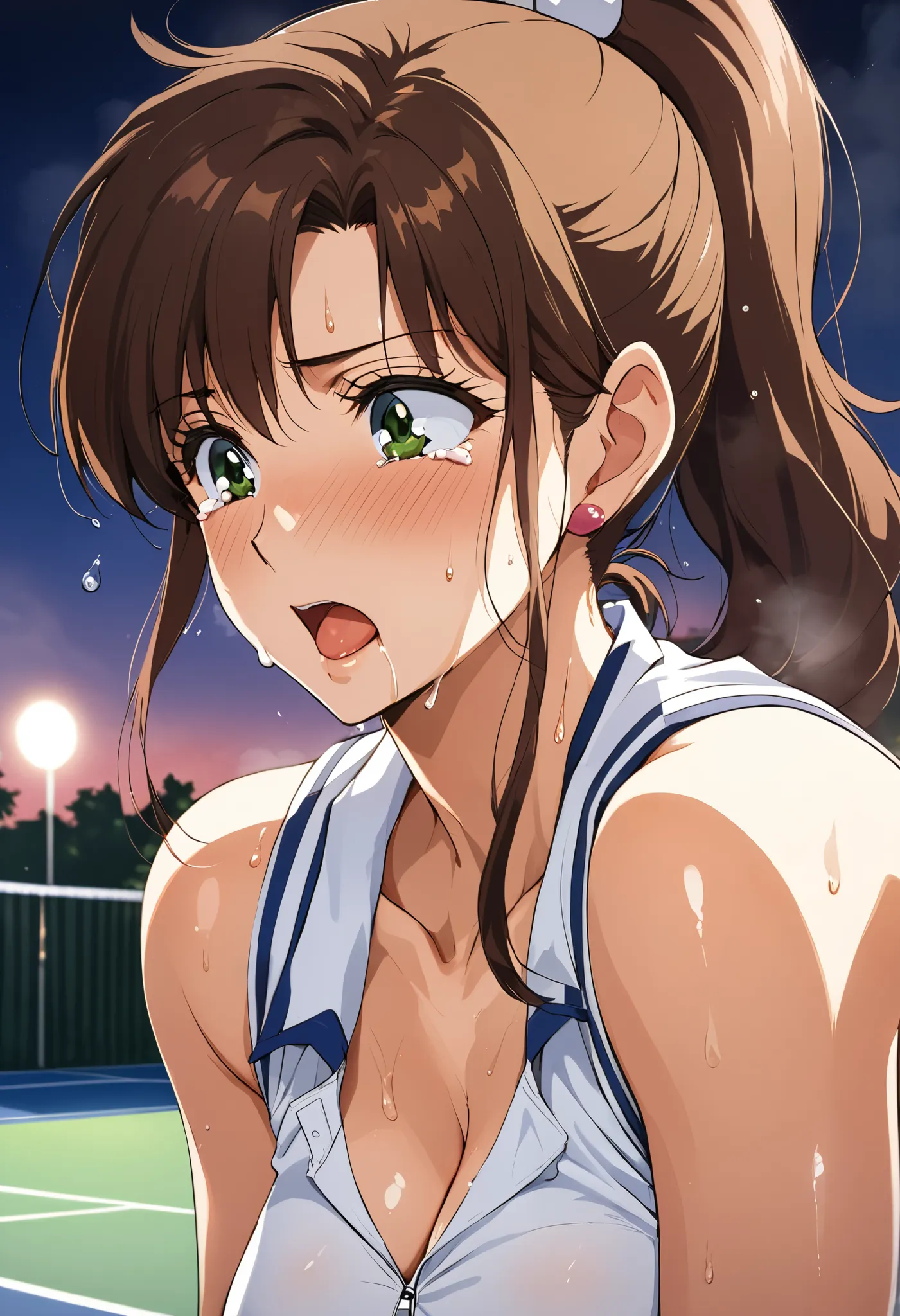 masterpiece, Highest quality, High resolution, (Makoto Kino),1990s \(style\),height: 175cm, Brown long hair,ponytail、 sexyな長い脚, tennis uniform, Tennis court,evening,(E-cup beautiful breasts)、Sweating all over the body、vapor、Muscular、sexy,Crying face、Open y...