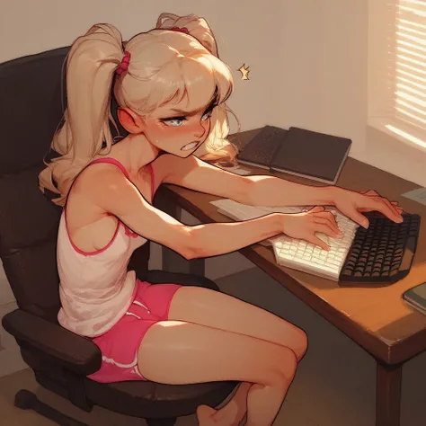 score_9, score_8_up, score_7_up, slender  girl typing on keyboard, frustrated expression, twintails, white-blonde hair, silver eyes, cute face, perfect face, small breasts, short sweatpants, bare thighs, barefoot, desk chair, girl bedroom background, 1girl...