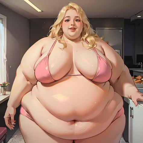 (realistic:1.2), high aesthetic, beautiful young bimbo, holding food, pink bikini, USSBBW, (morbidly obese, fatblob:1.3), blonde long hair, seductive expression, open smile, huge lips, apartment interior, sagging belly, gigantic belly