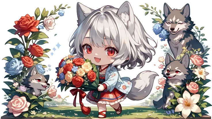 (((masterpiece))), best quality, extremely detailed, anime, (hold a bouquet), (casual:1.3), (silver medium short hair:1.2), (((a wolf girl))),(((red eye))), (((solo))), happy, closed eyes, full body, (((deformed))), (((chibi character))), (floral backgroun...