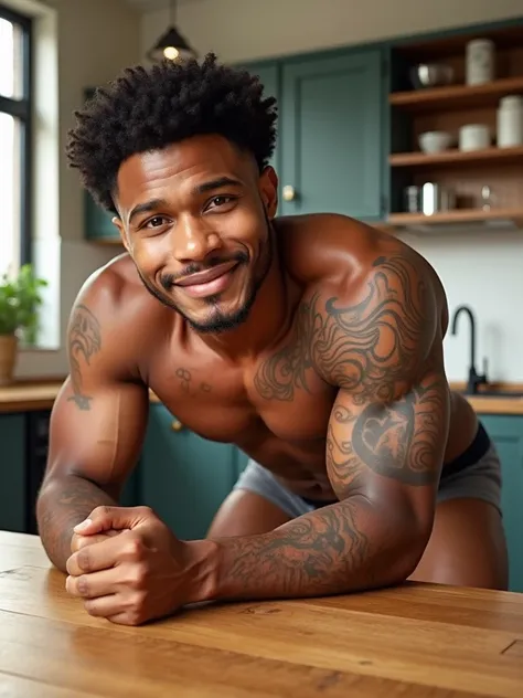 wide vivid realistic sexual image with soft full body tones from a remote perspective of an attractive African-American male man, bold and imposing,  short wavy hair ,  Hazelnut Eyes,  sweet and smiling look ,  strong masculine features and a thick symmetr...