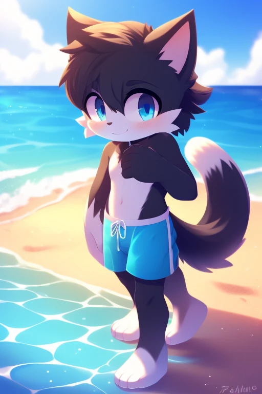 Cute shota boy, pony hair, blue eyes, cat ears, big tail, swimming trunks, beach background, high quality 