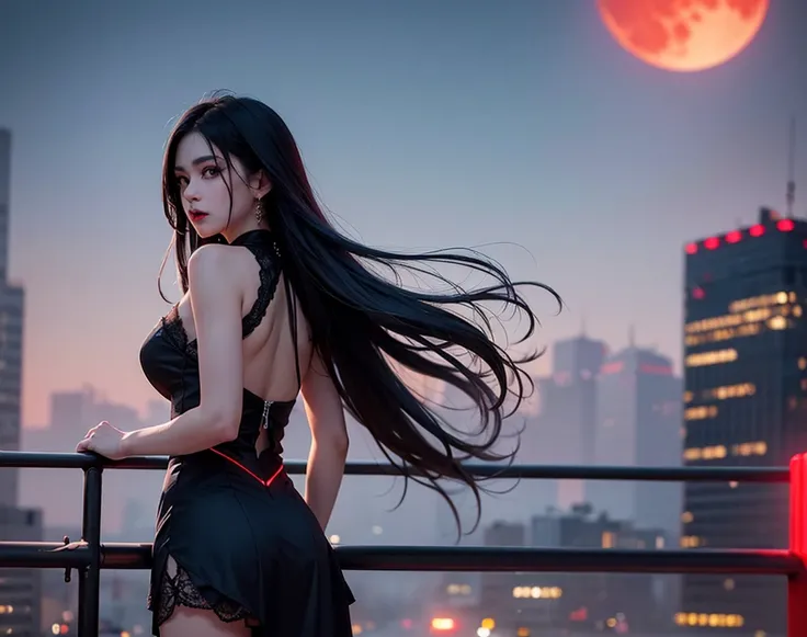 A mysterious vampire queen with long, straight black hair fading into deep crimson and navy blue gradients, standing at the edge of a skyscraper rooftop in midnight Tokyo. She gazes at the blood-red moon, her back partially turned to the viewer. Her gothic...