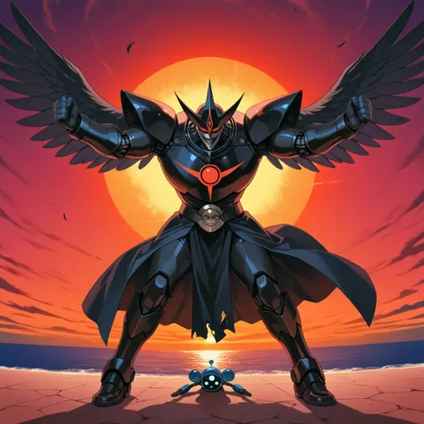 In a surreal anime style, please draw a dock with a view of the ocean with a huge sunset about to set, the backs of a chibi-style evil leader and a robot created by him raising their fists towards the sunset, the sunset drawn large while the characters are...