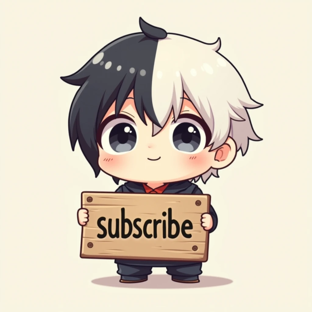 Make a boy, In the anime Chibi style, with round face, eyes, pale skin ,with the hair half black and the other half white,  holding a wooden sign holding it by the stick with one hand, Say subscribe 