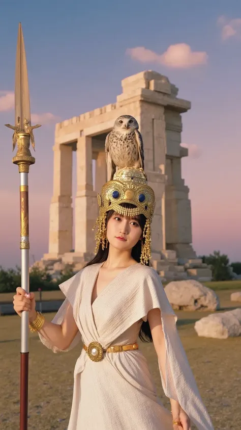 "A majestic depiction of Athena, the Greek goddess of wisdom and war, standing tall in full golden armor. She wears a shining Corinthian helmet, and her flowing robe is adorned with intricate patterns. In one hand, she holds a gleaming spear, and in the ot...