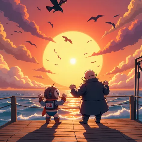 In a surreal anime style, please draw a dock with a view of the ocean with a huge sunset about to set, the backs of a chibi-style evil leader and a robot created by him raising their fists towards the sunset, the sunset drawn large while the characters are...