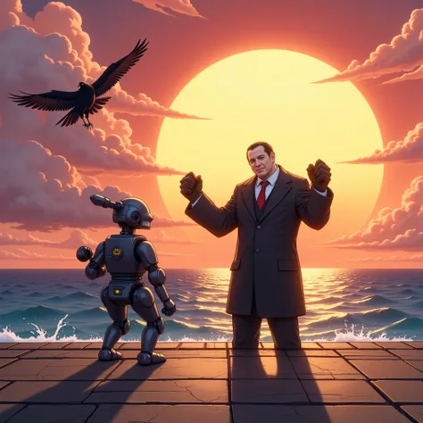 In a surreal anime style, please draw a dock with a view of the ocean with a huge sunset about to set, the backs of a chibi-style evil leader and a robot created by him raising their fists towards the sunset, the sunset drawn large while the characters are...